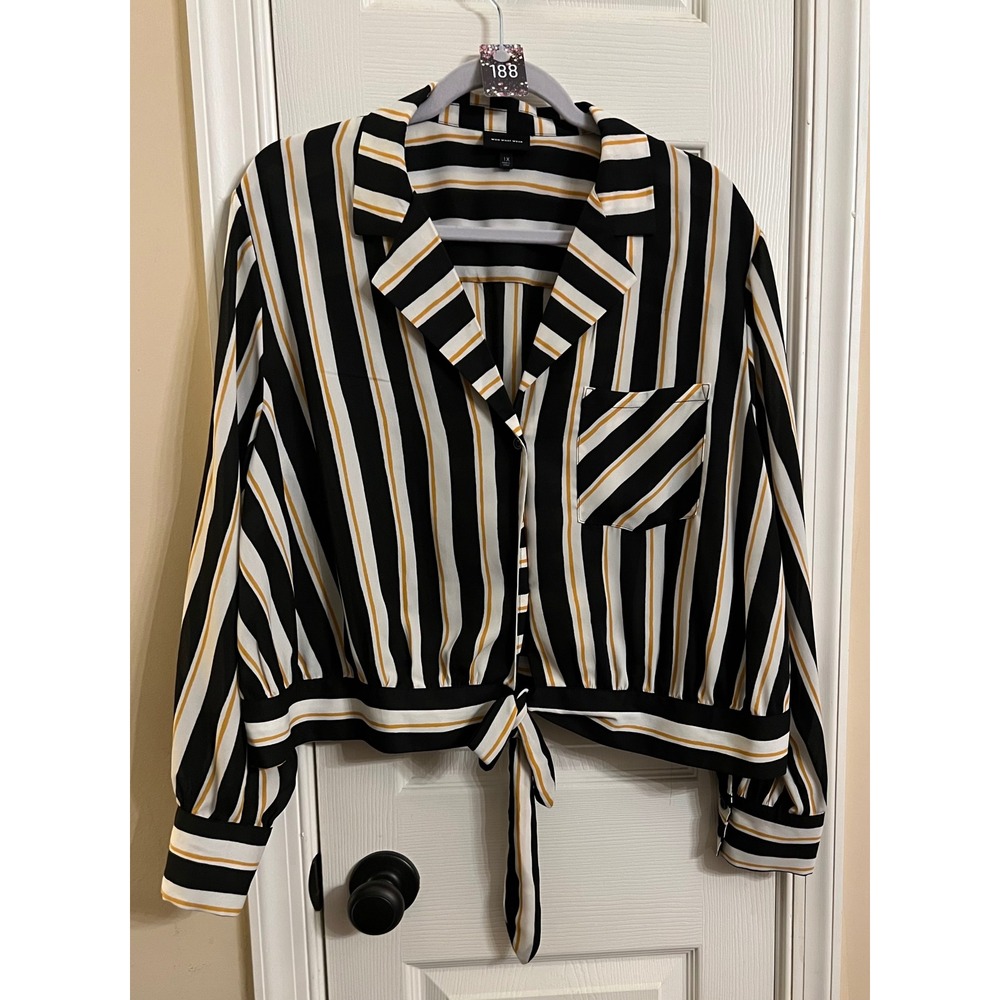 Who What Wear Striped Tie Front Blouse Black White Yellow Long Sleeve Top 1X